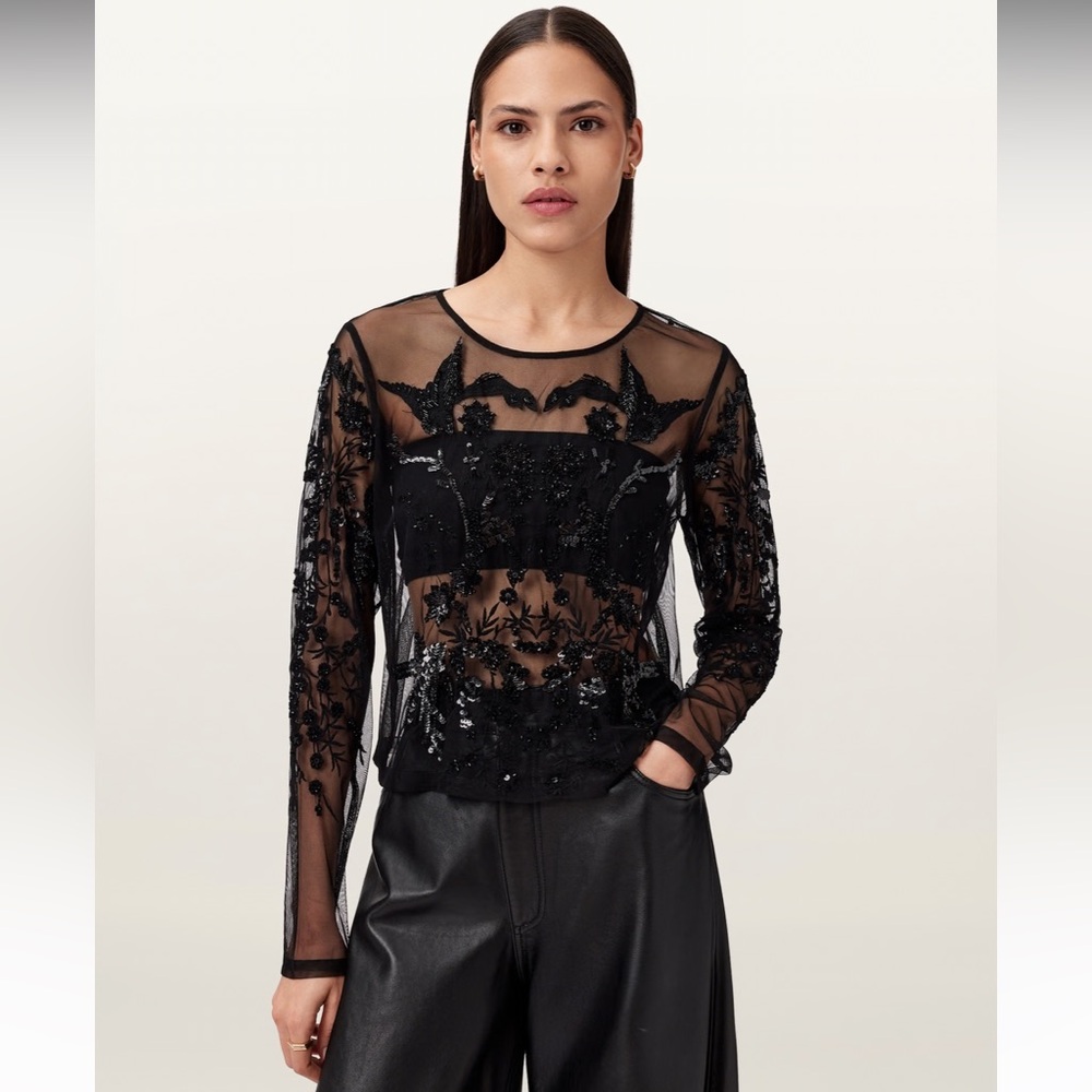 NWT AllSaints | Greta Sequin Embroidery Sheer Top | Black | Size 6